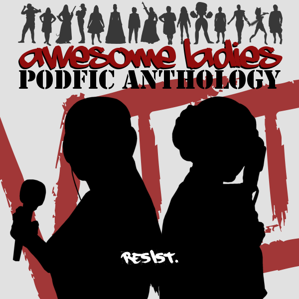 coverart! Silhouettes of lady characters, with silhouettes of a podficcer and Leia Organa front and center with title text above.